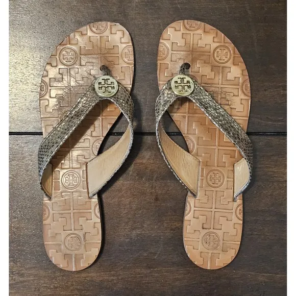 Tory Burch Thora Plated Snake Leather Gold Thong Flat Sandals Women's Sz 7