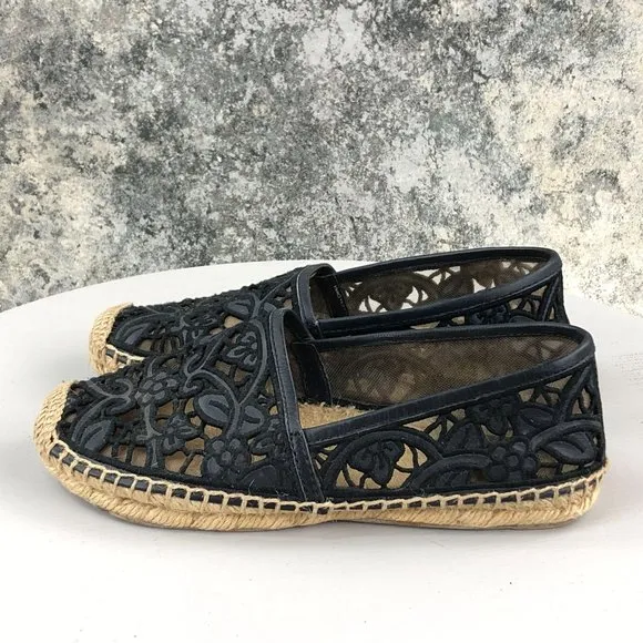 Tory Burch Women's Size 5.5 Lucia Black Lace Closed Toe Slip On Espadrilles