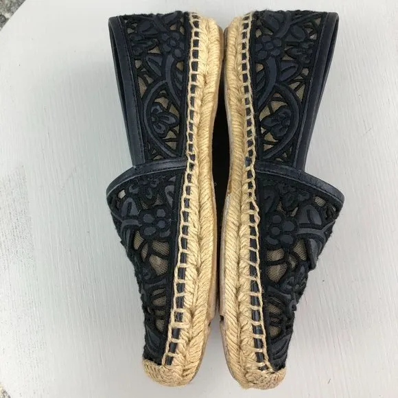 Tory Burch Women's Size 5.5 Lucia Black Lace Closed Toe Slip On Espadrilles