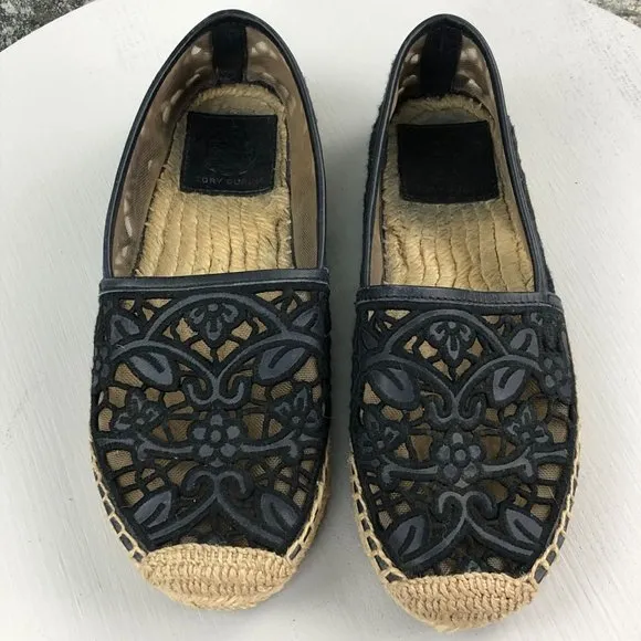 Tory Burch Women's Size 5.5 Lucia Black Lace Closed Toe Slip On Espadrilles