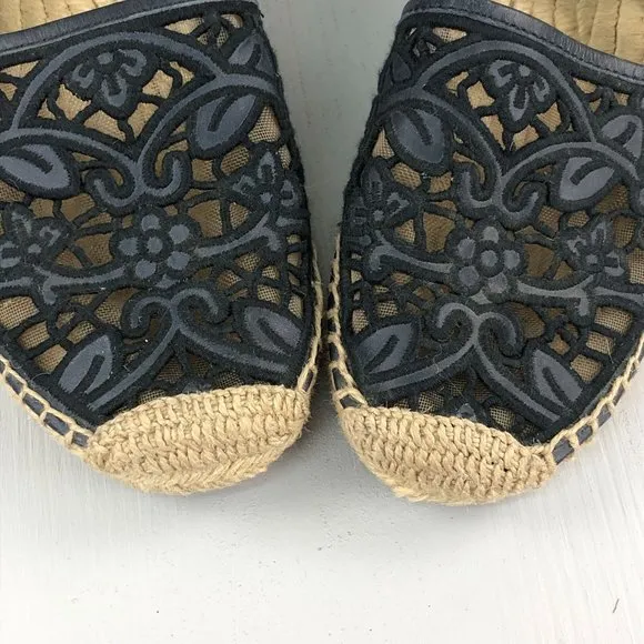 Tory Burch Women's Size 5.5 Lucia Black Lace Closed Toe Slip On Espadrilles