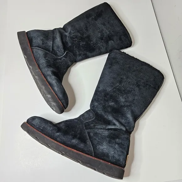 UGG Black Suede Etta Boots Zipper Sides Fur Lined Knee High Women's 10