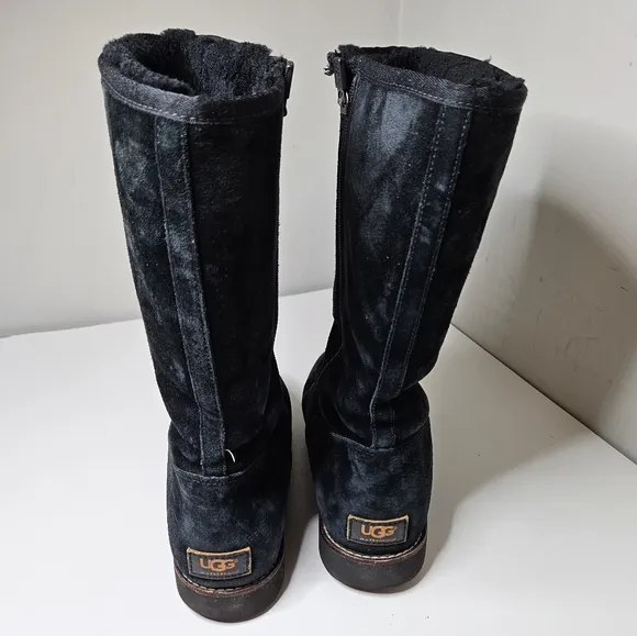 UGG Black Suede Etta Boots Zipper Sides Fur Lined Knee High Women's 10