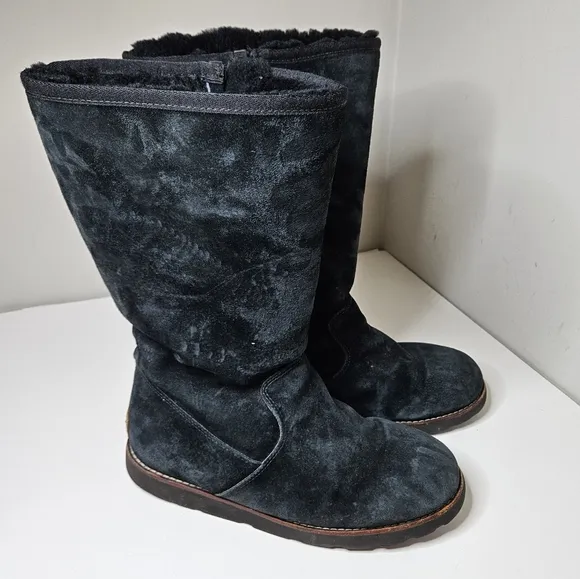 UGG Black Suede Etta Boots Zipper Sides Fur Lined Knee High Women's 10
