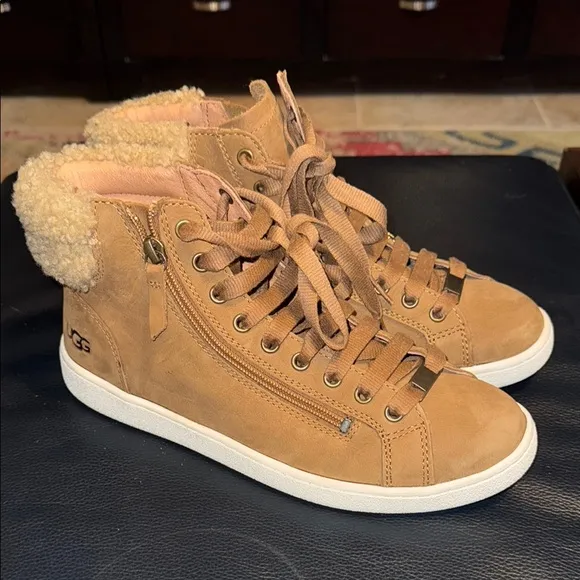 Ugg Olive Pebbled Nubuck Chestnut Brown High-Top Zippered Sneakers