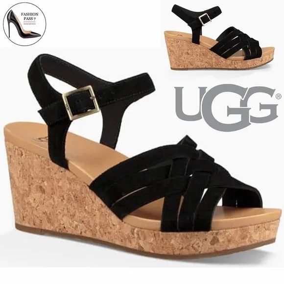 UGG Uma Black Suede Leather Cork Wedge Platform Heels Sandal Ankle Strap 9.5