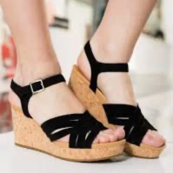 UGG Uma Black Suede Leather Cork Wedge Platform Heels Sandal Ankle Strap 9.5