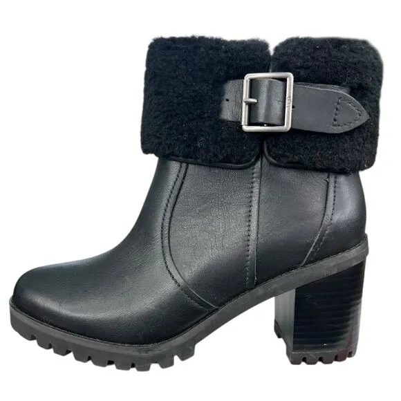 UGG Women’s Elisiana Waterproof Black Leather Cuffed Boots Size US 8