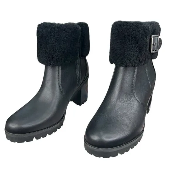 UGG Women’s Elisiana Waterproof Black Leather Cuffed Boots Size US 8