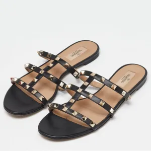 Valentino Garavani Black Leather Rockstud Flat Slides sandals 9.5