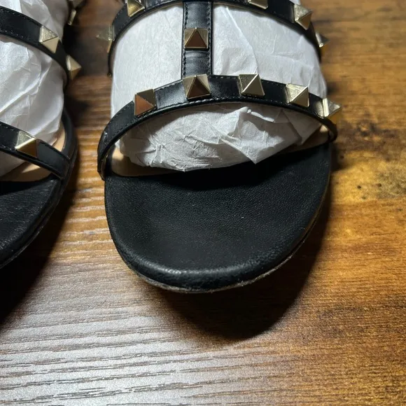 Valentino Garavani Black Leather Rockstud Flat Slides sandals 9.5