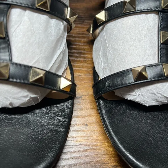 Valentino Garavani Black Leather Rockstud Flat Slides sandals 9.5