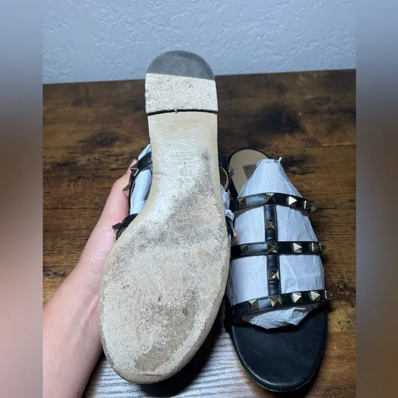 Valentino Garavani Black Leather Rockstud Flat Slides sandals 9.5