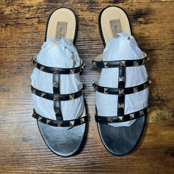 Valentino Garavani Black Leather Rockstud Flat Slides sandals 9.5
