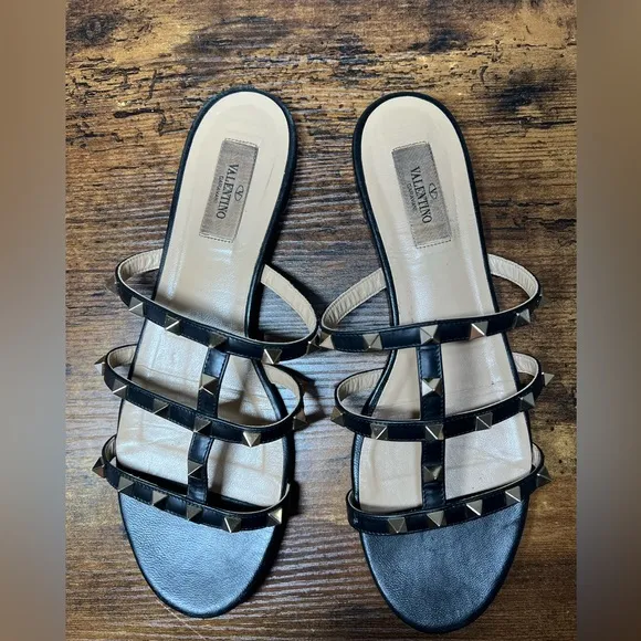 Valentino Garavani Black Leather Rockstud Flat Slides sandals 9.5