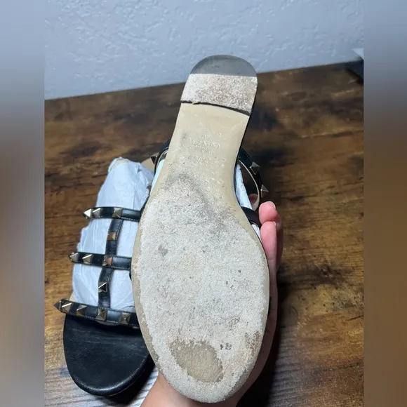 Valentino Garavani Black Leather Rockstud Flat Slides sandals 9.5