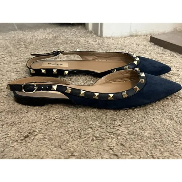 Valentino Garavani Rockstud Navy Blue Suede Studded Flats Size 7