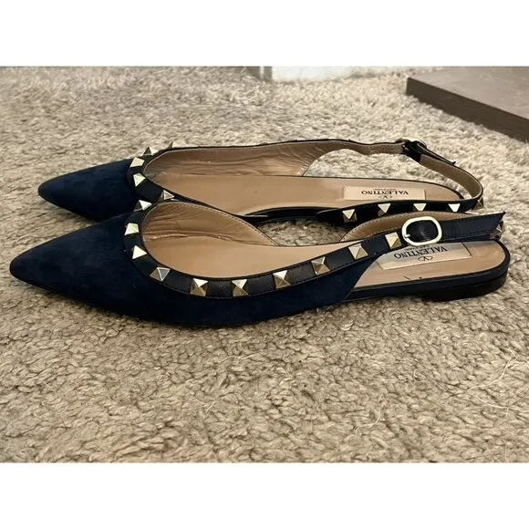 Valentino Garavani Rockstud Navy Blue Suede Studded Flats Size 7