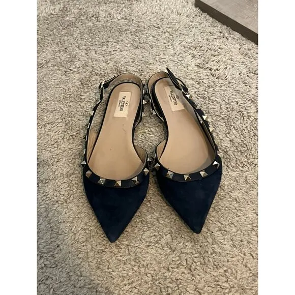 Valentino Garavani Rockstud Navy Blue Suede Studded Flats Size 7