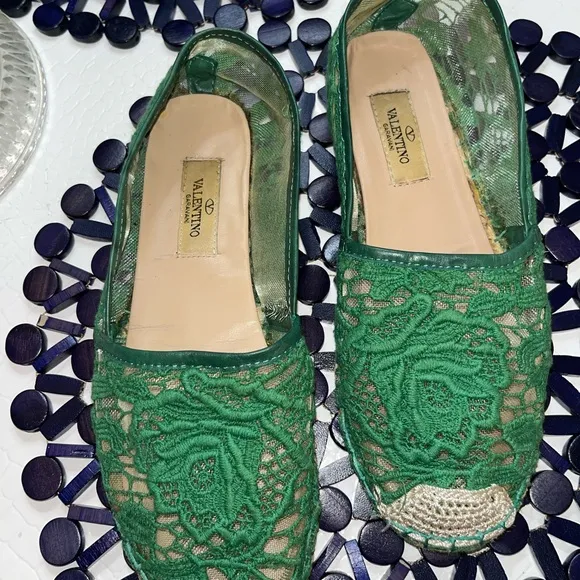 Valentino Green Mesh and Lace Espadrille Flats Size 6.5-7 $900 Value
