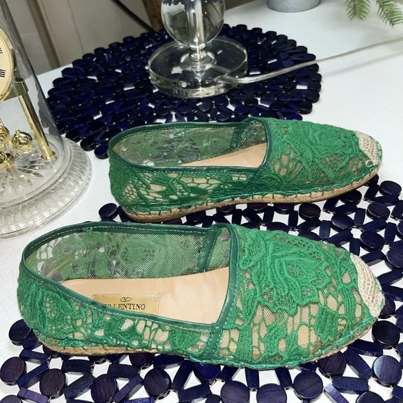 Valentino Green Mesh and Lace Espadrille Flats Size 6.5-7 $900 Value
