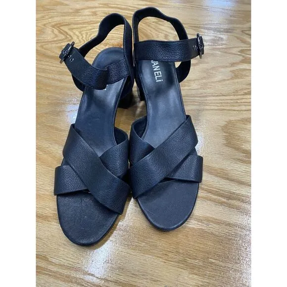 Vaneli Morel Slingback Sandals Women's 9.5N Black Leather Strappy Block HeelS63