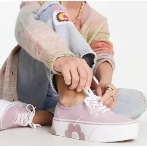 Vans Platform Sneakers Women 8.5 Lilac Authentic Stackform Flowers Daisies Retro