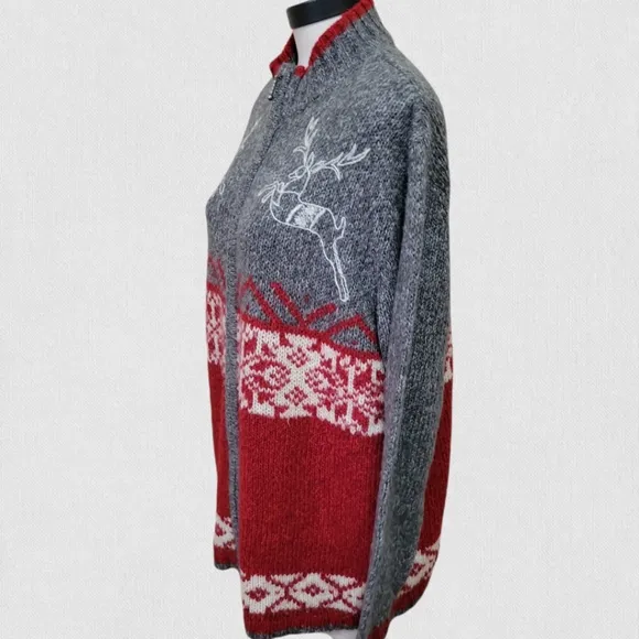 Venezia Jeans Nordic fair isle red gray knit cardigan  size 18/20