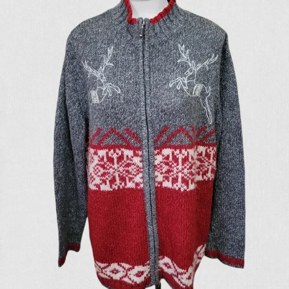 Venezia Jeans Nordic fair isle red gray knit cardigan  size 18/20
