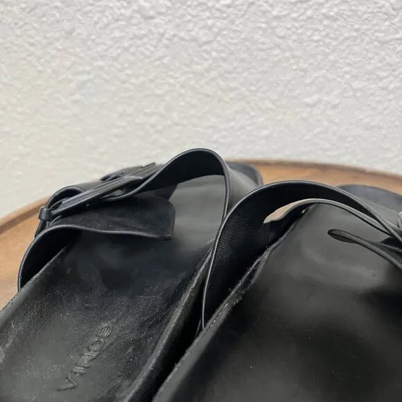Vince Black Leather Glyn 2-Strap Slip-On Slide Flat Sandals Women's Size 6.5