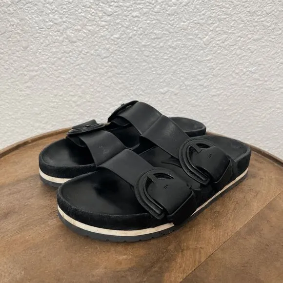 Vince Black Leather Glyn 2-Strap Slip-On Slide Flat Sandals Women's Size 6.5