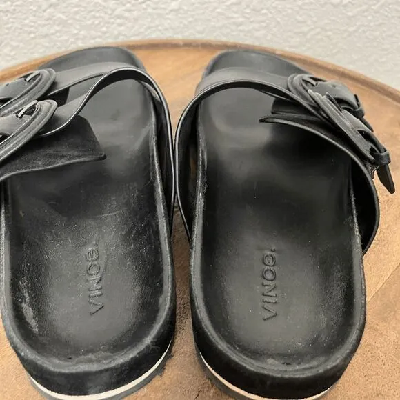 Vince Black Leather Glyn 2-Strap Slip-On Slide Flat Sandals Women's Size 6.5