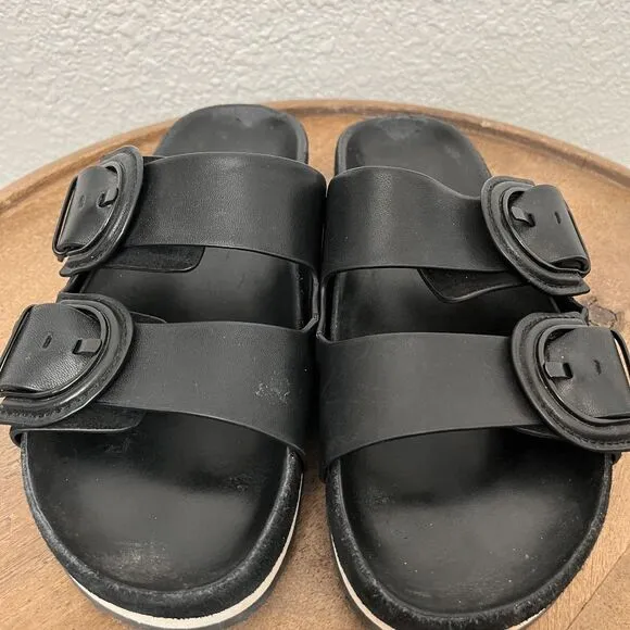 Vince Black Leather Glyn 2-Strap Slip-On Slide Flat Sandals Women's Size 6.5