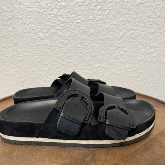 Vince Black Leather Glyn 2-Strap Slip-On Slide Flat Sandals Women's Size 6.5