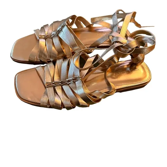 Vince Camuto Metallic Gold Flat Strappy Ankle Wrap Square Toe Sandals, size 10