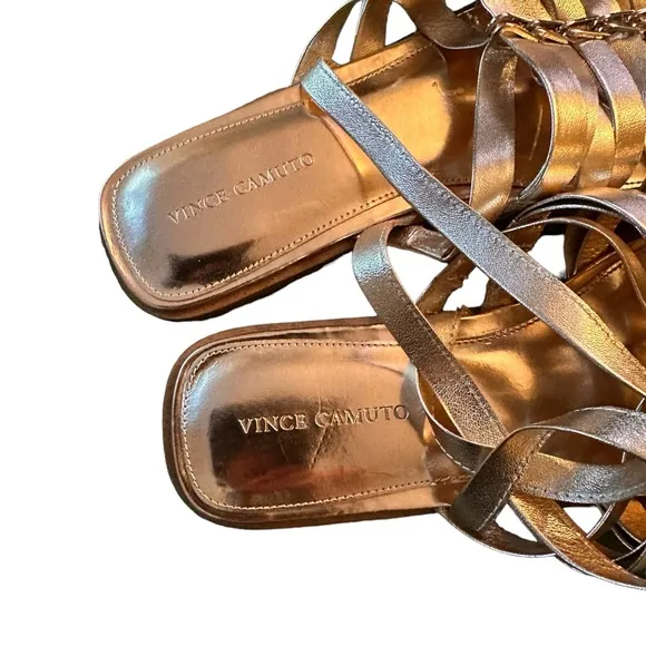 Vince Camuto Metallic Gold Flat Strappy Ankle Wrap Square Toe Sandals, size 10
