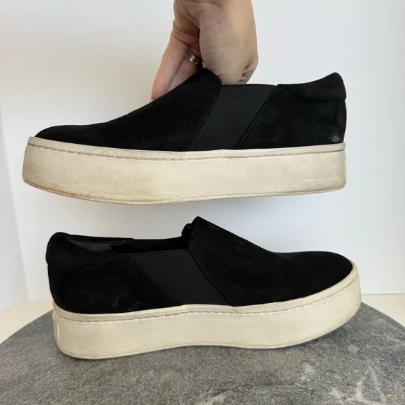 Vince Warren Slip On Platform Sneakers Black Leather Suede White 7