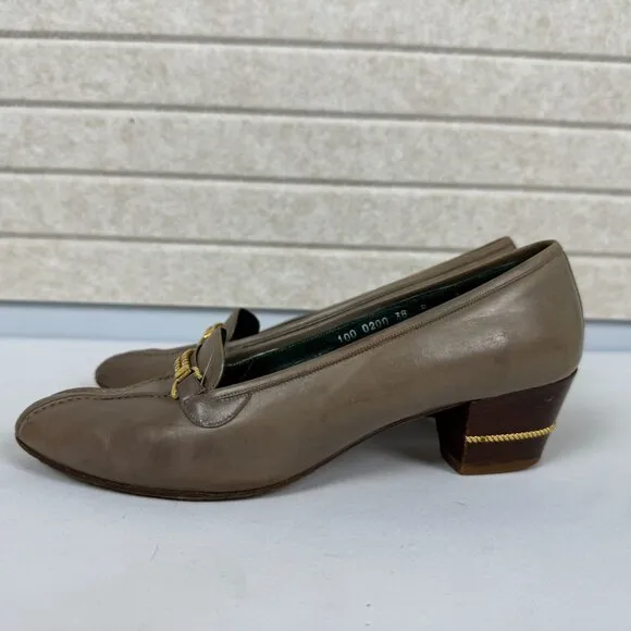 Vintage Gucci Malaga Taupe Leather Loafers Bridle Bit Stacked Block Heels 7.5