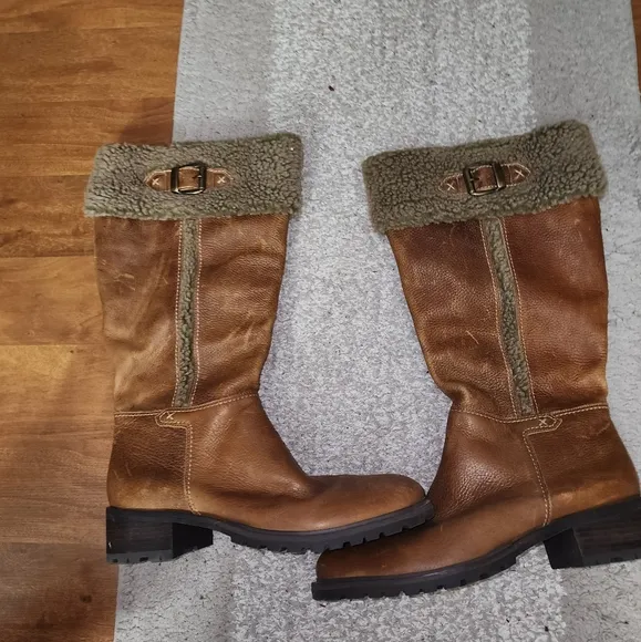Vintage Naturalizer Leather Caramel Brown Distressed Fleece Cuffed mid Calf boot