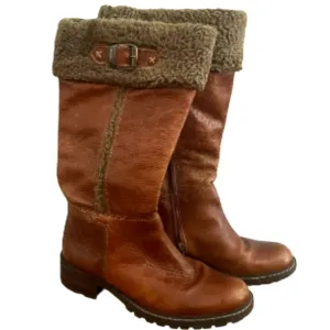 Vintage Naturalizer Leather Caramel Brown Distressed Fleece Cuffed mid Calf boot