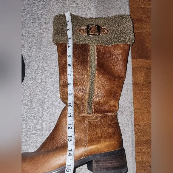 Vintage Naturalizer Leather Caramel Brown Distressed Fleece Cuffed mid Calf boot