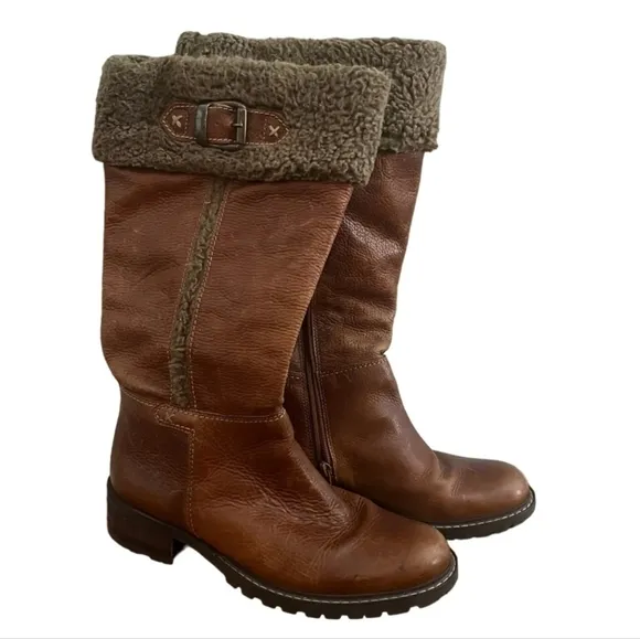 Vintage Naturalizer Leather Caramel Brown Distressed Fleece Cuffed mid Calf boot