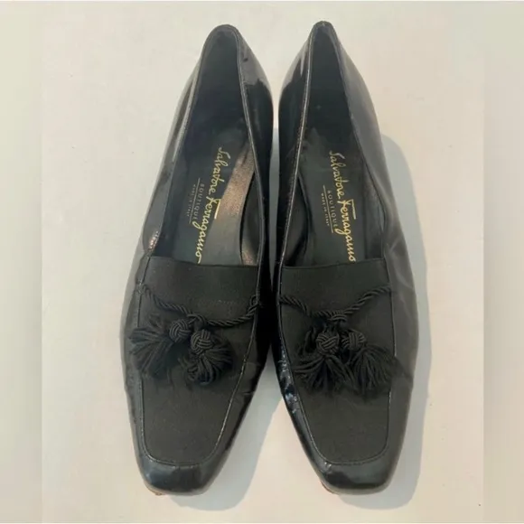Vintage Salvatore Ferragamo Classic Black Tasseled Heeled Loafers
