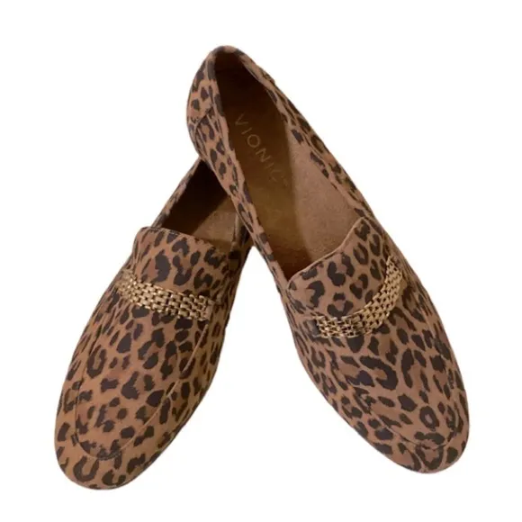 Vionic Charlotte Leopard Suede Slip On Loafers Gold Accent Size 7 NWOB