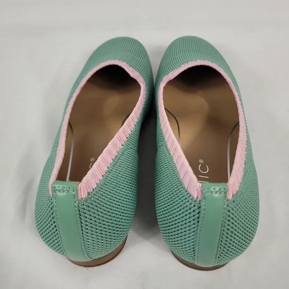 Vionic Willa Knit Womens Green Ballet Flats Pink Trim Loafers Size 6M EUC