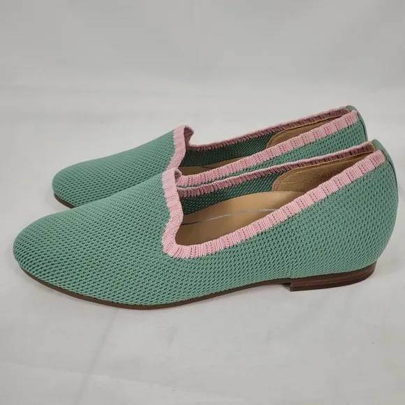 Vionic Willa Knit Womens Green Ballet Flats Pink Trim Loafers Size 6M EUC