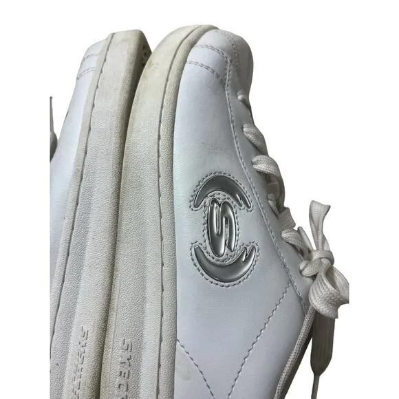 Vtg Skechers White Sneakers 10 Leather Silver Logo Y2k 1990s Shoes WSL Lace up
