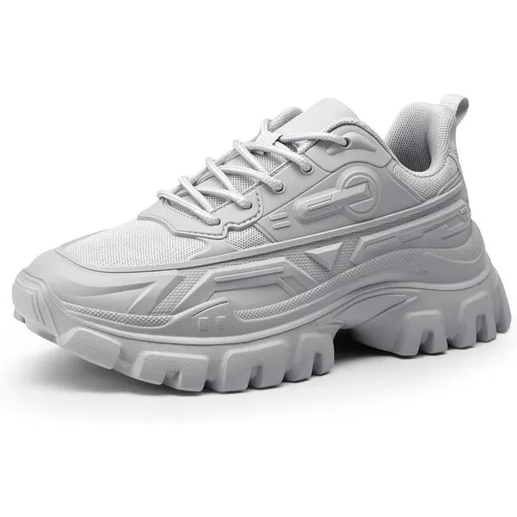 ?Women Grey Chunky Fashion Sneakers Bold Lace-Up Comfortable Sneakers
