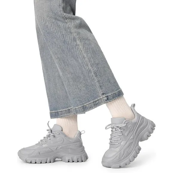 ?Women Grey Chunky Fashion Sneakers Bold Lace-Up Comfortable Sneakers