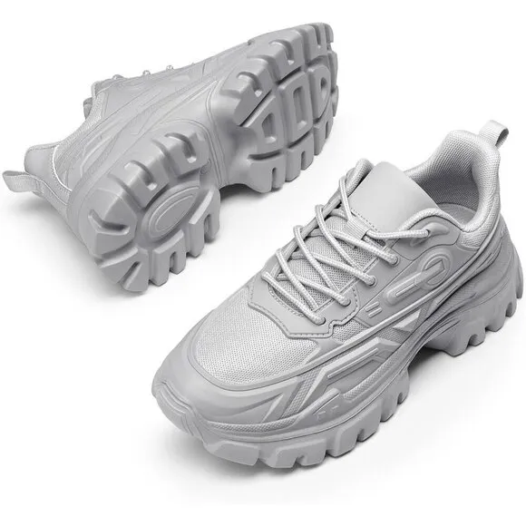 ?Women Grey Chunky Fashion Sneakers Bold Lace-Up Comfortable Sneakers